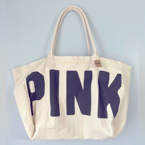 NWT PINK Victoria’s Secret Large Canvas Tote Duffel Bag Cream w/Black print. - Picture 7 of 11